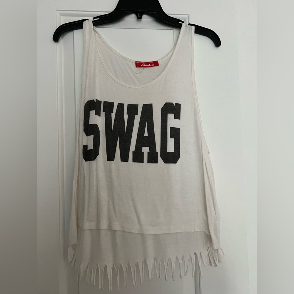 White “SWAG” shirt with slits on bottom back